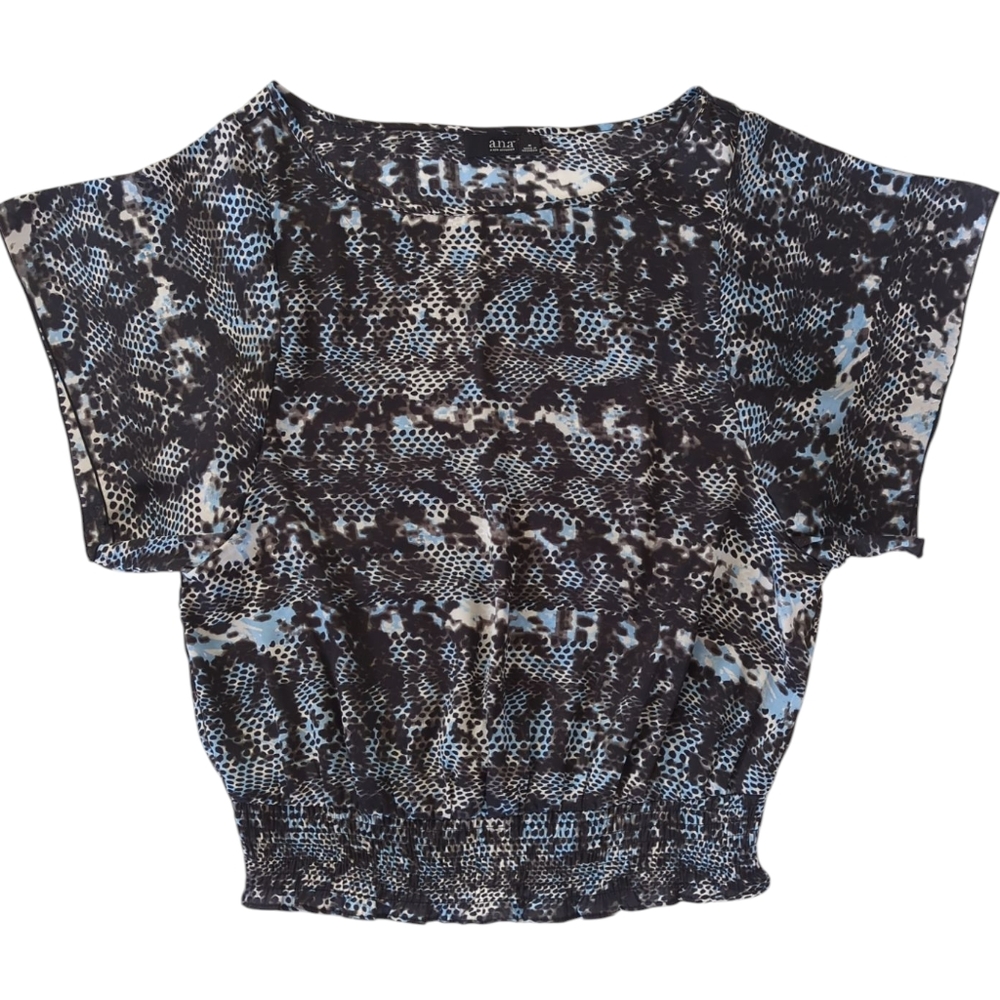 Ana A New Approach Smocked Sheer Snakeskin Print Blouse MEDIUM Blue Black